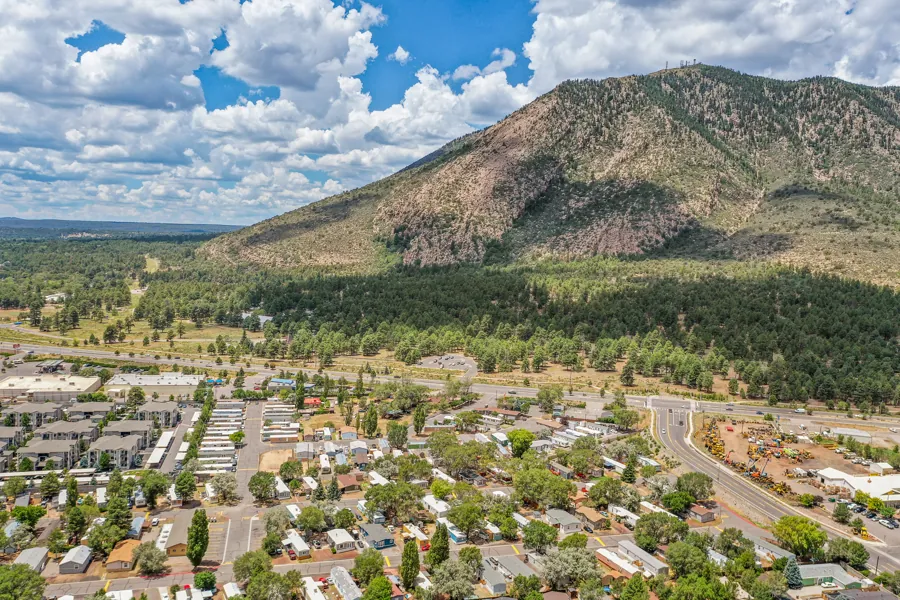 Aerial view of Colony Manufactured Home Community with Mt. Elden and ponderosa pine forest behind it