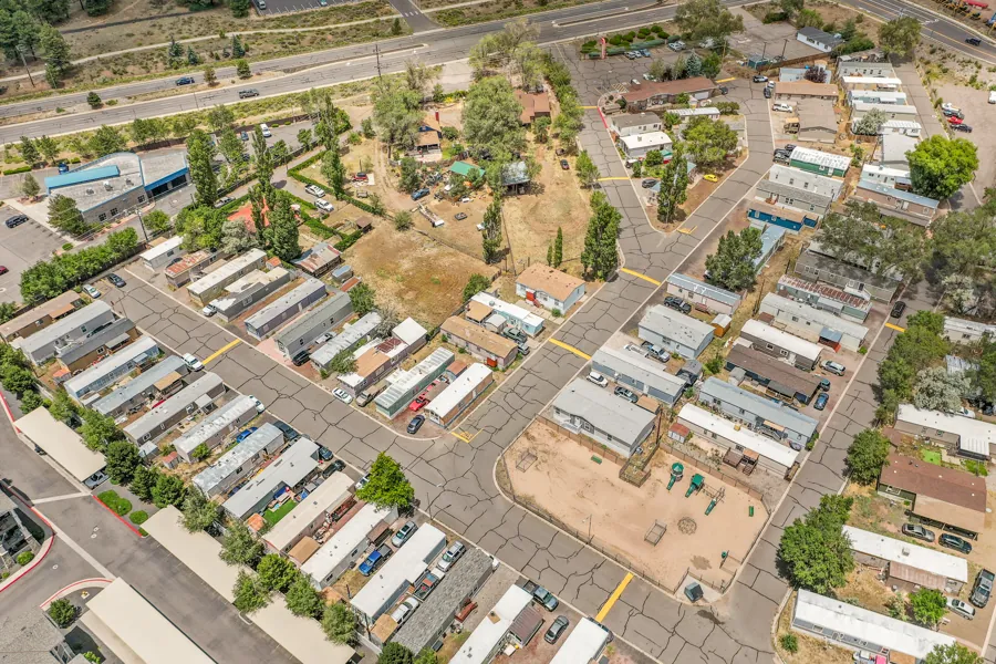Top-down aerial of Colony streets and the playground