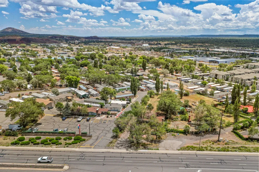 Aerial over the Colony entrance looking toward Flagstaff