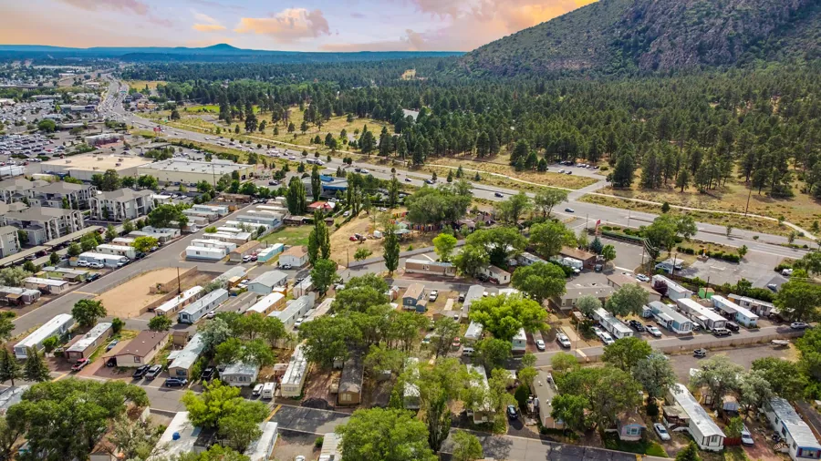 Sunset aerial looking west over Colony toward Flagstaff