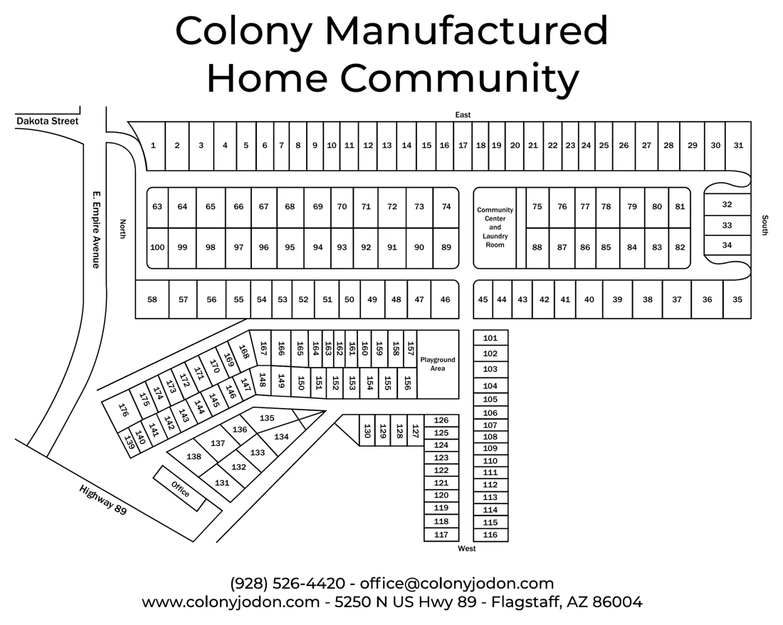 Colony Manufactured Home Community lot map showing homesite numbers, the office, community center, and playground