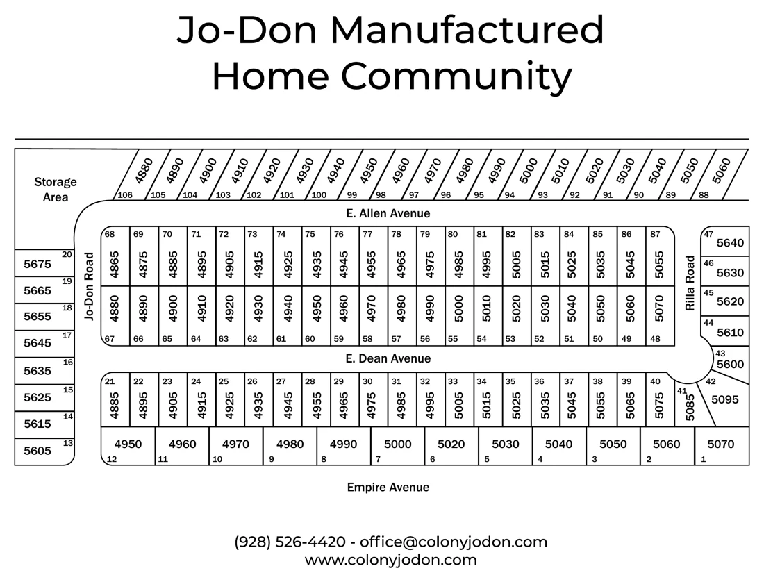 Jo Don Manufactured Home Community lot map showing homesite numbers and street addresses